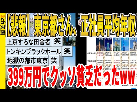 【2ch面白いスレ】【悲報】東京都さん、正社員平均年収399万円でクッソ貧乏だったｗｗｗｗｗｗｗｗｗ　聞き流し/2ch天国